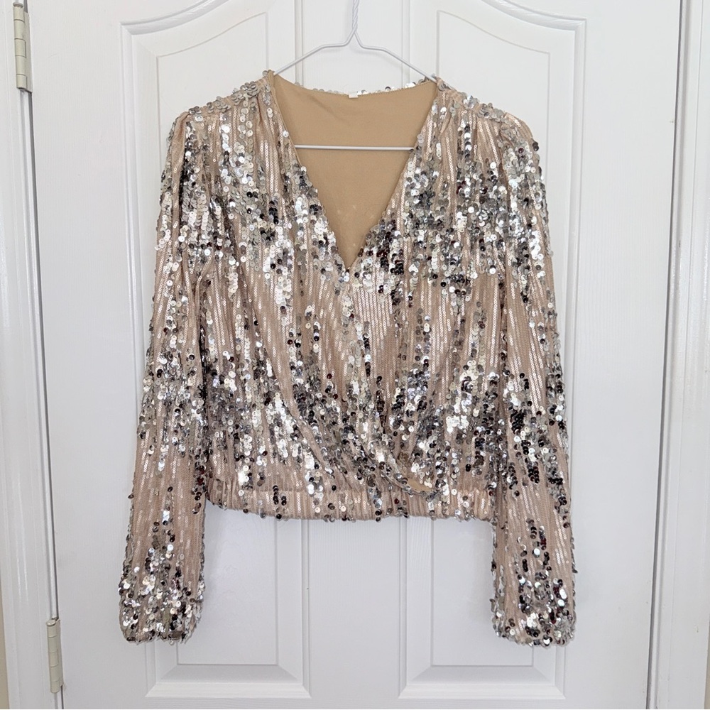 Sequin Blouse in Silver and Cream